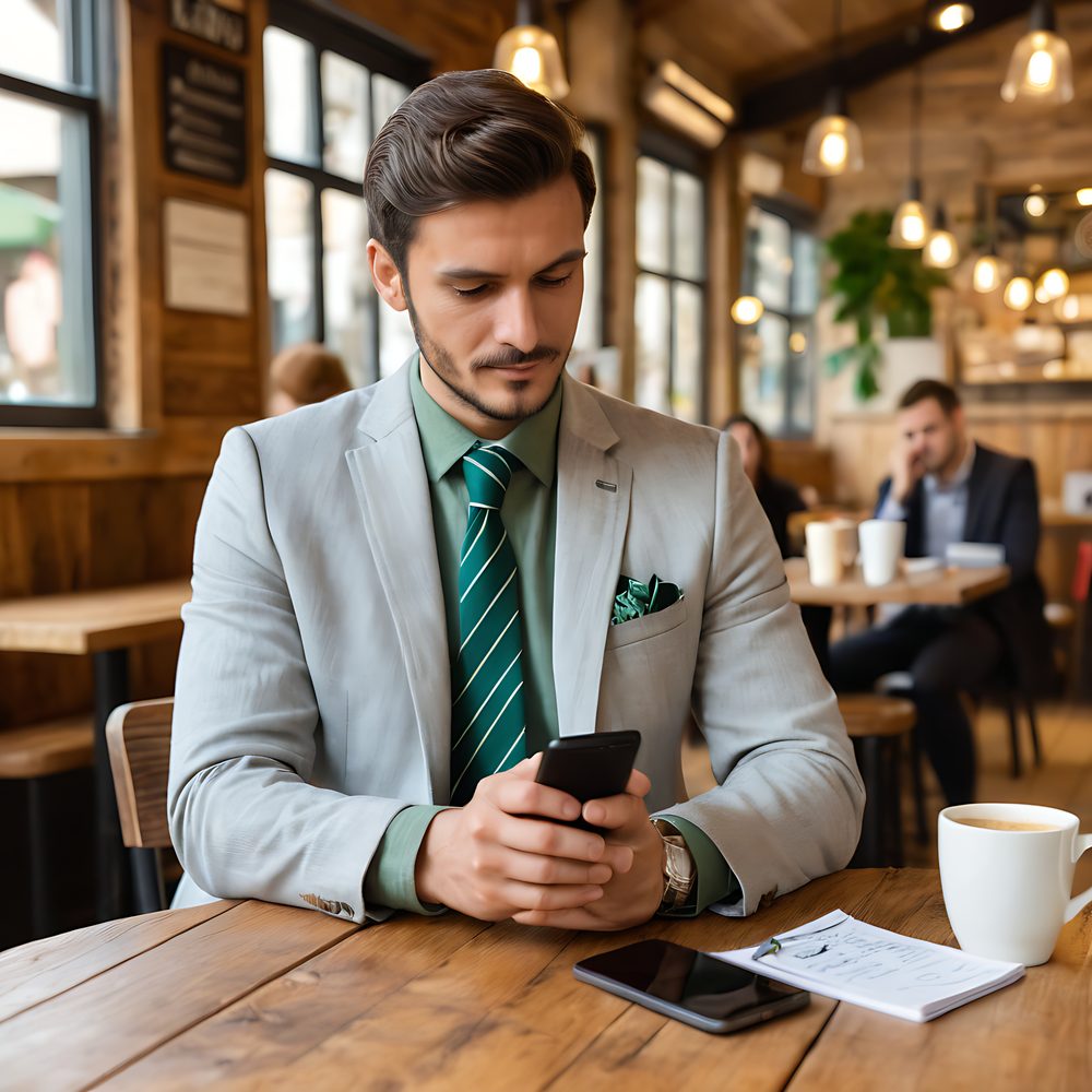 Restaurateur consultant une liste de contacts sur son téléphone dans la salle du restaurant.