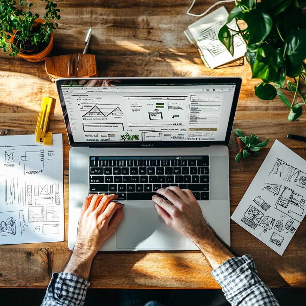 Professionnel de l’architecture analysant une page d’accueil sur un écran avec des plans à proximité.